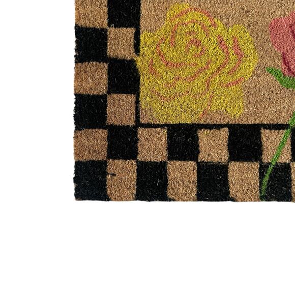 Pop of Color Floral Coir Doormat 24x36 Checkered Border Non Slip NEW - Picture 4 of 11